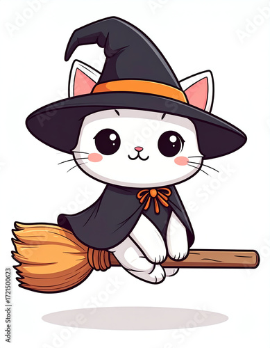 Adorable Witch Cat Flying on Broomstick