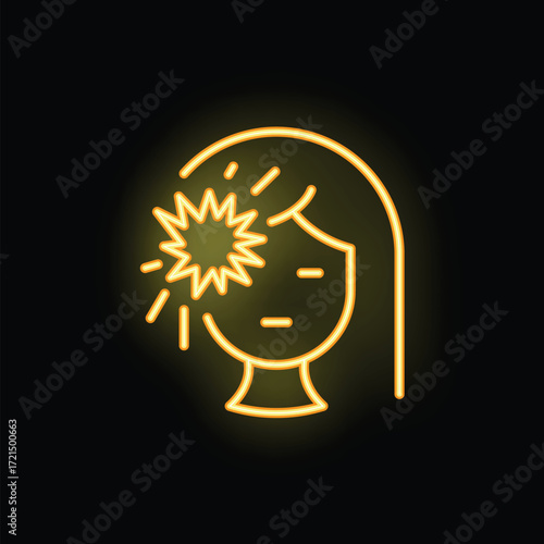 Woman feeling strong headache neon sign on dark background