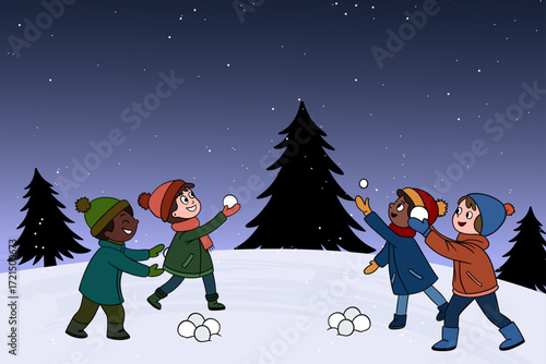 Cute winter illustration of children playing with snowballs in a festive Christmas setting.