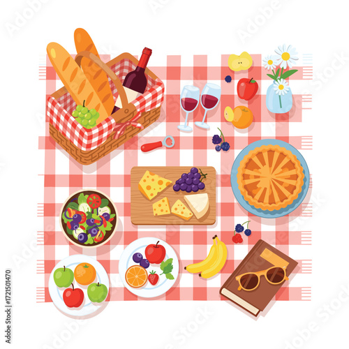 Cheerful Summer Picnic: Flat Lay of Food, Wine, and Book on Red Gingham Blanket