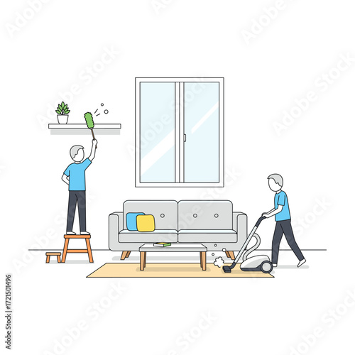 Clean living room: Two people vacuuming and dusting, minimalist line art style.