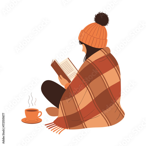 Cozy Autumn Woman Reading Book Wrapped in Plaid Blanket with Warm Drink