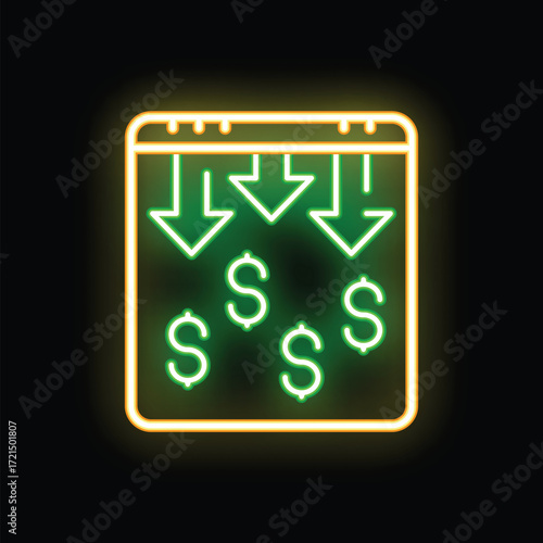 Neon sign showing money transferring digitally with downward arrows on black background