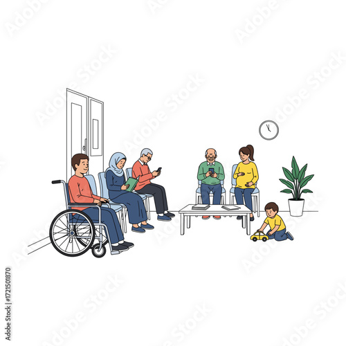 Diverse Patients Waiting Room: Inclusive Vector Illustration