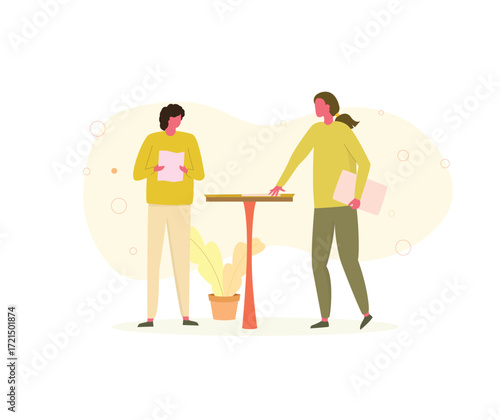 A girl give a paper on the table to other girl who read other paper vector illustration.