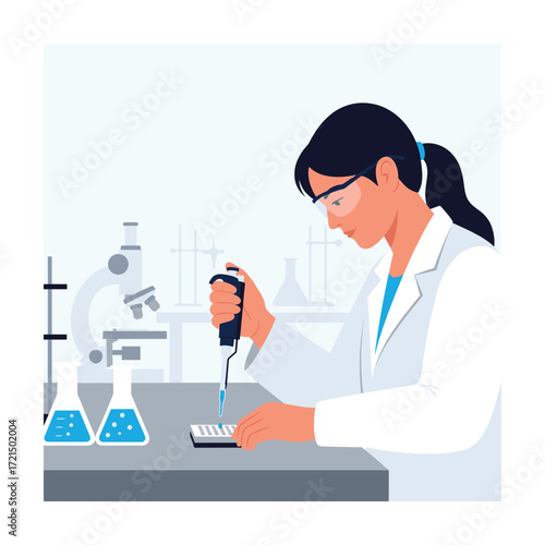 Focused Female Scientist Using Micropipette in Modern Lab Setting