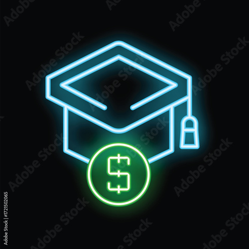 Glowing neon icon of a graduation hat with a dollar sign underneath, representing the cost of education