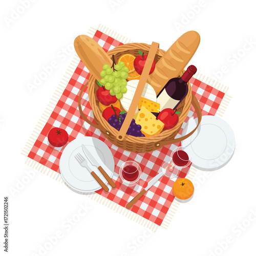 Overhead View: Rustic Picnic Basket with Wine, Cheese, and Fruit on Gingham Cloth
