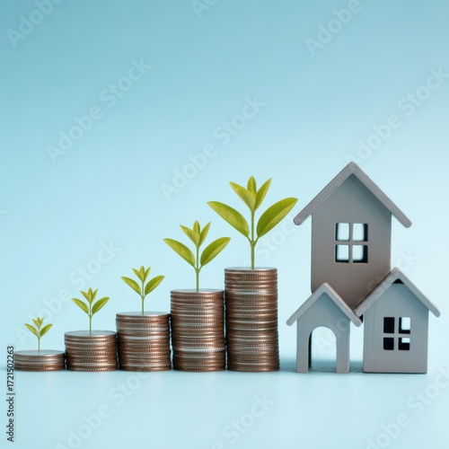 Investment Growth & Real Estate: A compelling visual symbolizing financial growth and prosperity, with stacks of coins ascending alongside miniature house models, complemented by growing green plants.