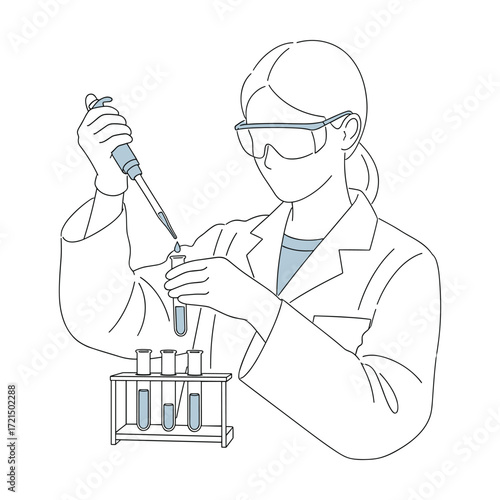 Scientist using micropipette in lab; line art illustration.