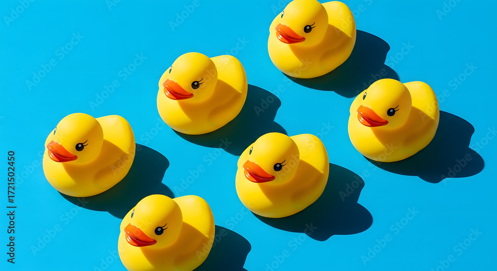 Yellow rubber duck toys pattern on seamless blue background.