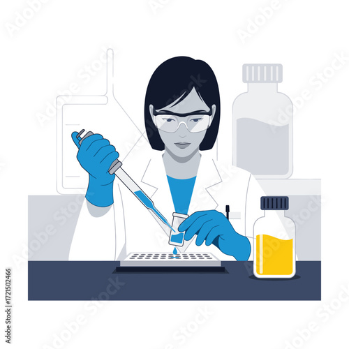 Serious Female Scientist in Lab Coat Performing Precise Experiment