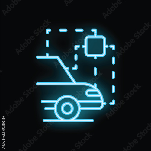 Neon sign depicting a self driving autonomous car being scanned by artificial intelligence