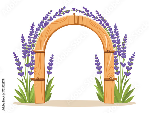 An elegant white archway with a simple and graceful garland of purple lavender flowers, perfect for a peaceful and romantic garden or wedding design