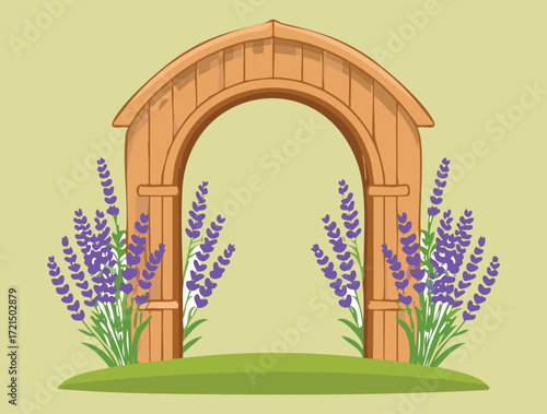 A simple yet beautiful wooden archway, adorned with a lovely garland of purple lavender flowers, creating a serene and fragrant pathway to a peaceful scene