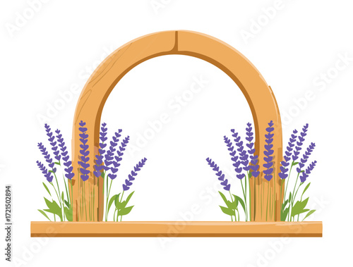 A clean and modern illustration of a white archway with a simple arrangement of purple lavender flowers, perfect for a serene and peaceful design