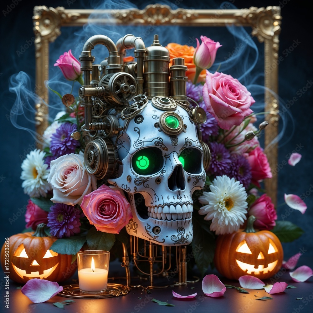 Naklejka premium Steampunk mechanical skull with golden gears in dark gothic style with flowers and Halloween pumpkins for love beyond death concept