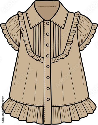 Front view of a women's blouse with a collar, button front, frills on the neckline and sleeves, and a pleated peplum, a flat technical sketch.