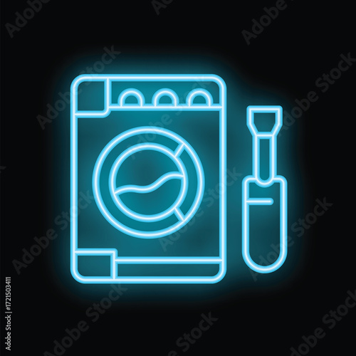 Blue neon icon of a washing machine representing laundry service glowing on a black background