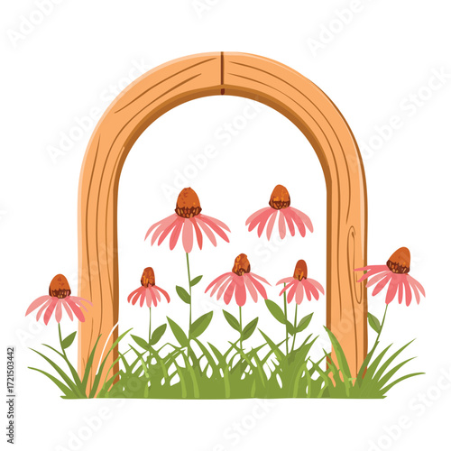 A charming illustration of a simple wooden archway over a field of pink echinacea flowers, with butterflies fluttering around in a sweet and peaceful garden scene