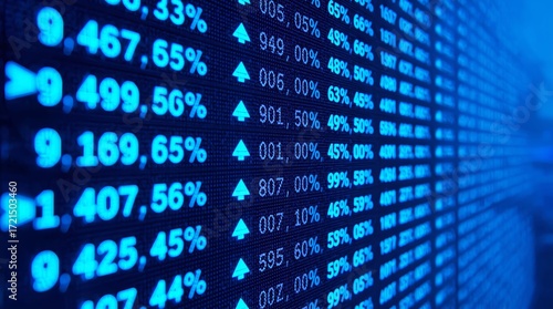 A dynamic, close-up, and highly detailed perspective shot of a digital stock market ticker or financial data screen. The image is dominated by a deep, intense blue color palette, giving a futuristic.