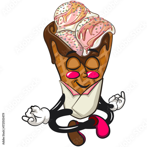 waffle ice cream with chocolate and sprinkles mascot meditating, work of hand drawn
