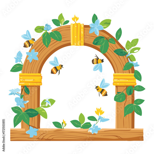 A rustic wooden archway adorned with lush green vines and blooming flowers, with bees and butterflies fluttering around in a charming garden scene