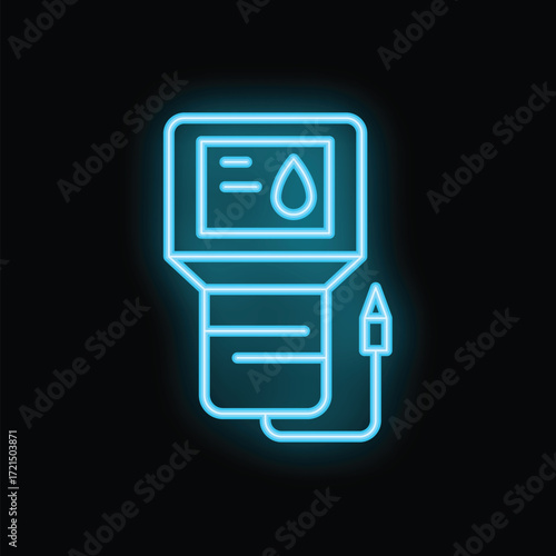 Blue glowing neon icon of electronic device for measuring the purity of water with a probe, isolated on a black background