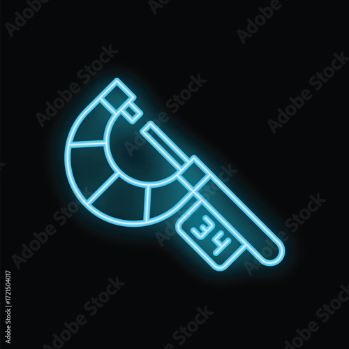 Blue neon caliper measuring tool icon glowing on a black background