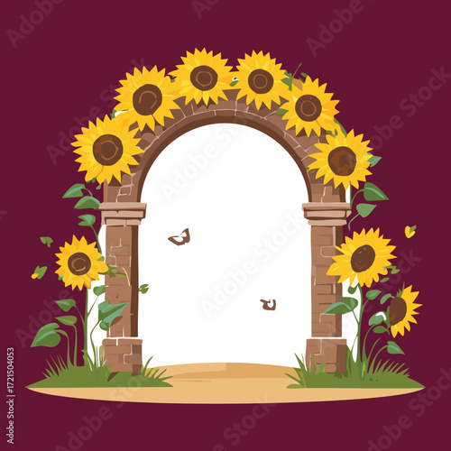 A striking illustration of a pure white door framed by a massive and glorious archway of vibrant yellow sunflowers and green foliage against 