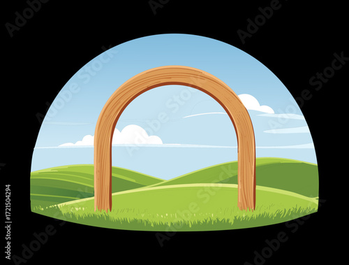 A surreal illustration featuring a clean, rounded archway opening to a vibrant green landscape with rolling hills against a deep black background, a window to a new world