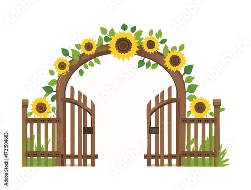 A delightful illustration of a small wooden fence gate leading through a vibrant archway, beautifully adorned with large, cheerful yellow sunflowers and green leaves