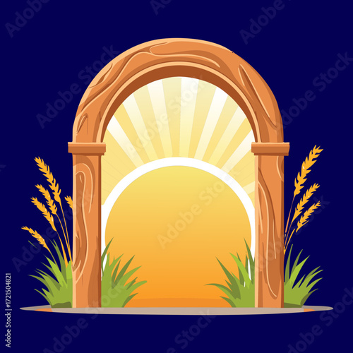 A captivating illustration featuring a uniquely shaped wooden archway, where the sun's warm glow emanates from within, creating a magical and dreamy atmosphere