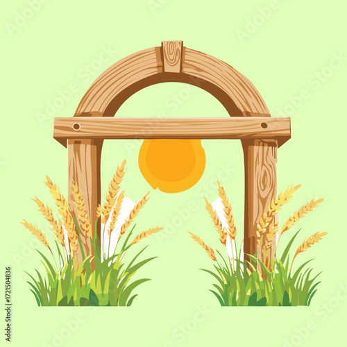 A stylized illustration of a rustic wooden arch over a golden field of wheat, with a bright sun rising behind it, creating a warm, inviting scene