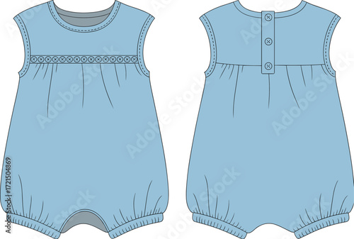 Front and back view of a baby boy's blue sleeveless romper with decorative buttons, a round neckline, and an elasticized bottom opening, a flat technical sketch.