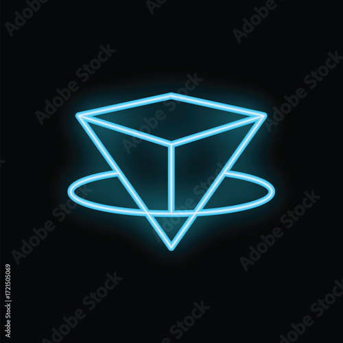 Neon blue octahedron spinning on its axis over black background