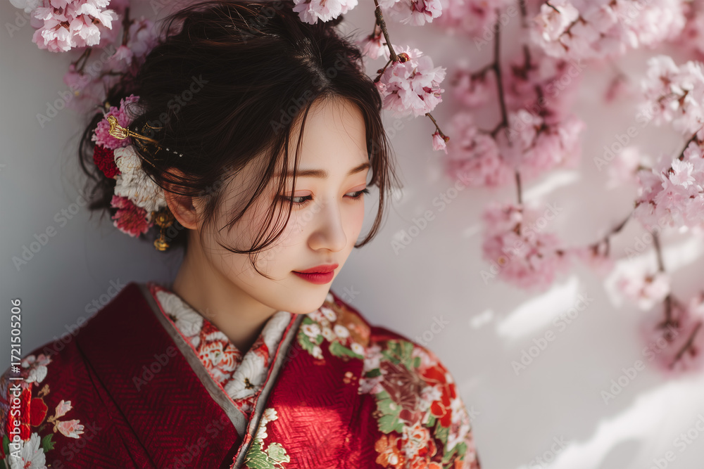 Fototapeta premium Woman in kimono with cherry blossoms during springtime