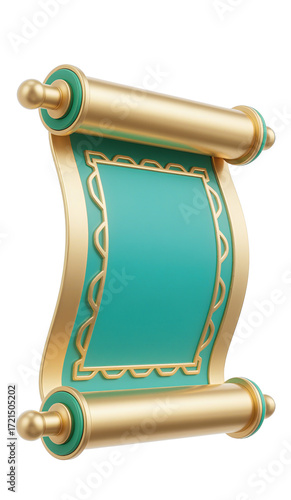 3D Rendered Turquoise Scroll with Golden Decorations