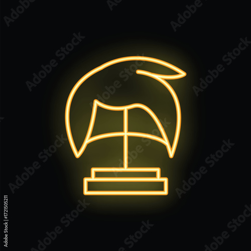 Yellow neon sign representing a wig on a stand, on a black background, ideal for illustrating a hairdresser or a barber shop