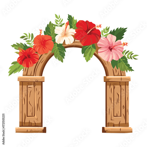 A wooden archway decorated with large hibiscus flowers and other lush foliage