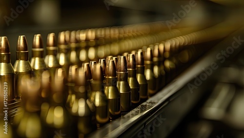 Rows of brass-colored cartridges on a metallic conveyor belt, shallow depth of field emphasizing the foremost rounds