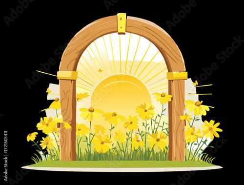 A striking arched gate framing a sunny meadow filled with bright yellow wildflowers