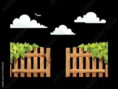  A rustic wooden fence with a gate and dark clouds in the sky, creating a dramatic scene.
