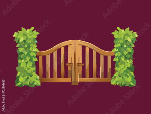 A solid wooden gate with a simple arch of green hedges 