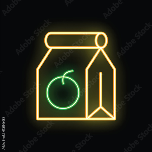 Glowing neon sign depicting a paper bag with an apple inside, evoking a healthy lunch break