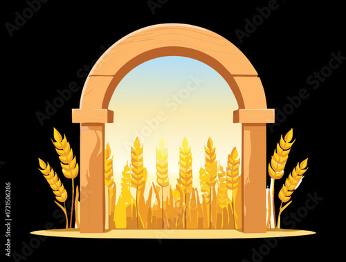 A magnificent stone arch gate decorated with wheat stalks and a view of a tranquil field