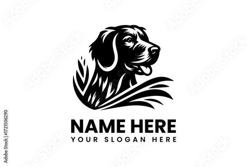 Black and White Dog Logo with Natural Surroundings.