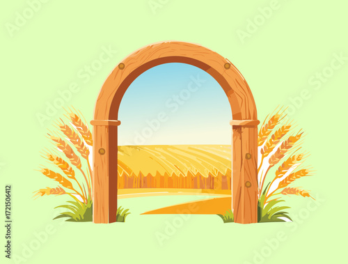 A charming wooden archway with a view of a golden wheat field