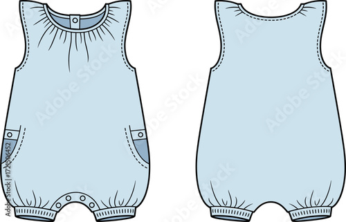 Front and back views of a baby boy's blue sleeveless romper with a round neckline, ruffles, patch pockets, and button fastenings, a flat sketch.