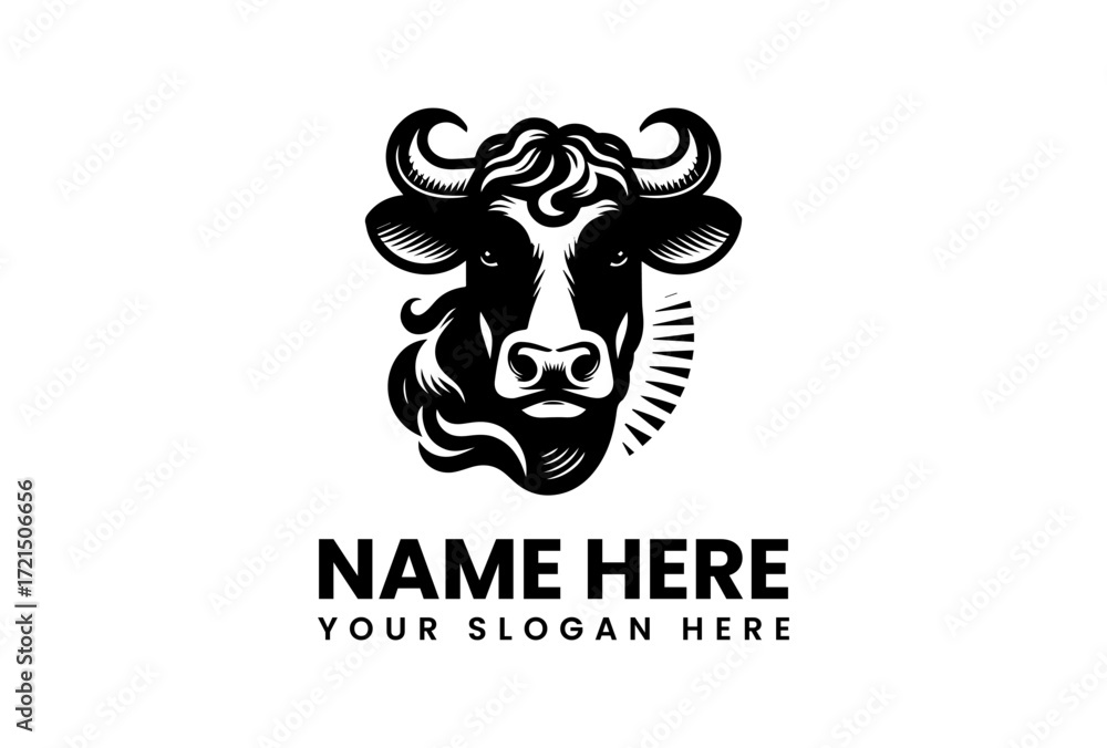 Fototapeta premium Bold Black and White Cow Head Logo with Curly Hair and Horns.